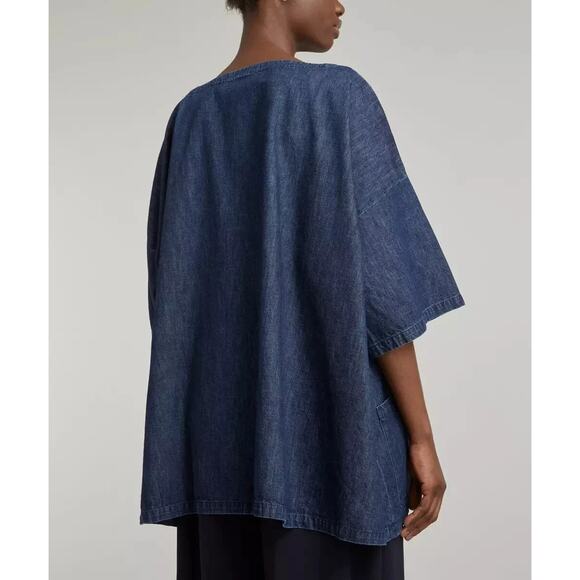 Eskandar 1 Top Blue Denim One Pocket Short Sleeve Cotton Boat Neck Tunic Poland - Picture 3 of 13